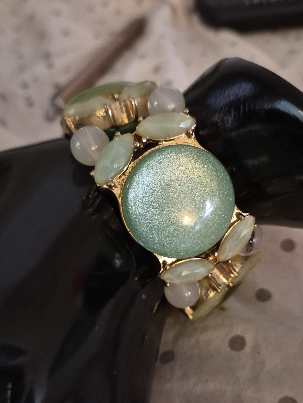 Multi Stone Panel Green Cabochon Statement Stretch Goldtone Bracelet